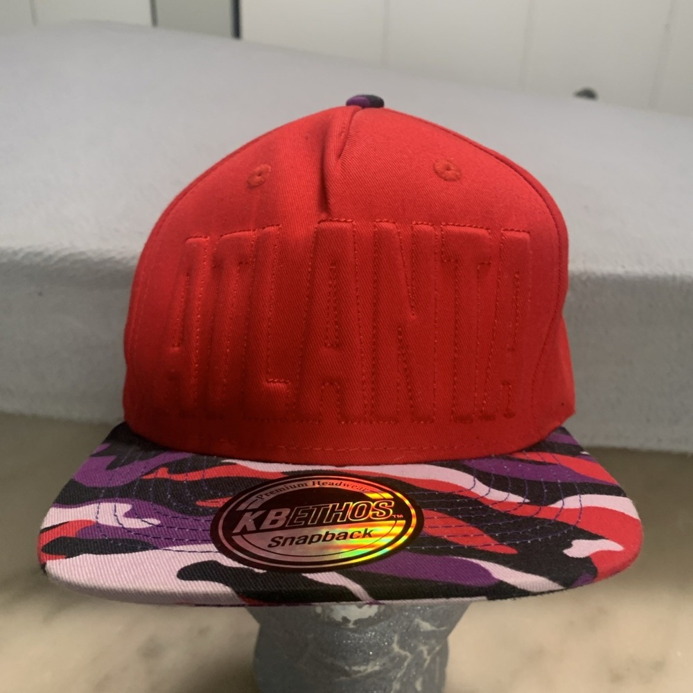 KB Ethos Atlanta Snapback Hat Cap Red Tonal 3D Spellout Multicolor Camo Brim NEW